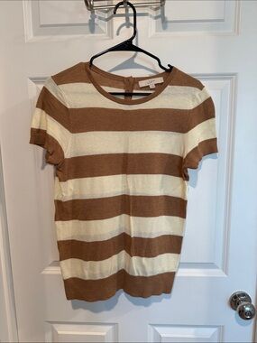 LOFT Wide-Stripe Short Sleeve Knit Top in Brown and Cream